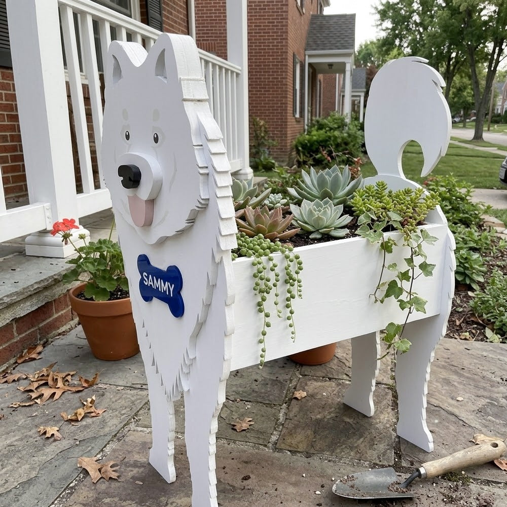 Samoyed dog planter filled with fresh flowers is placed in the garden