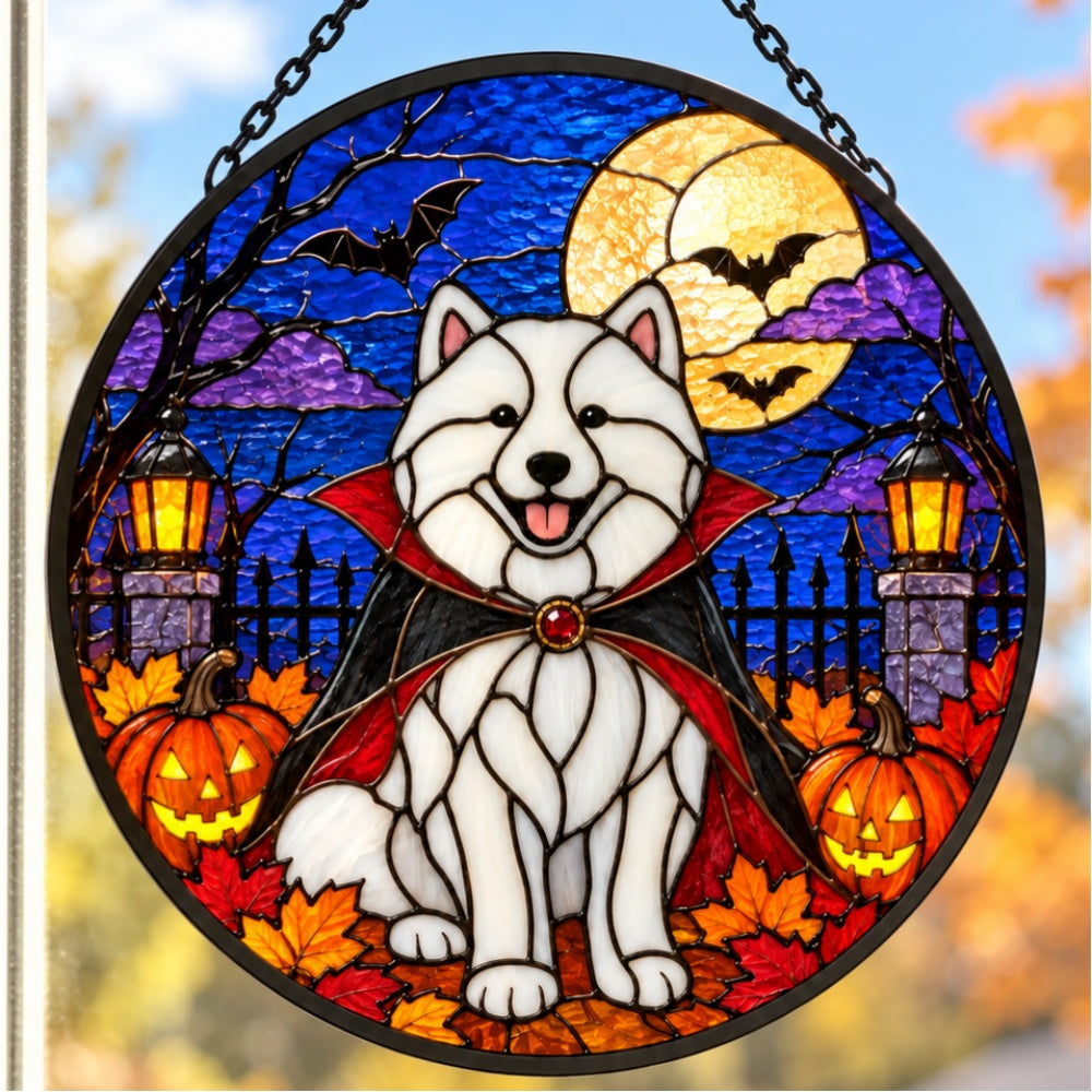 Samoyed Halloween stained glass suncatcher window hanging, suitable for home and garden decoration