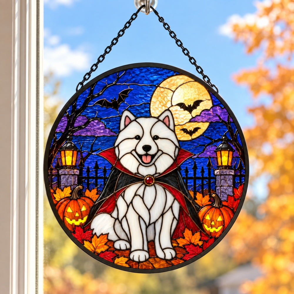 Samoyed Halloween stained glass suncatcher window hanging, suitable for home and garden decoration
