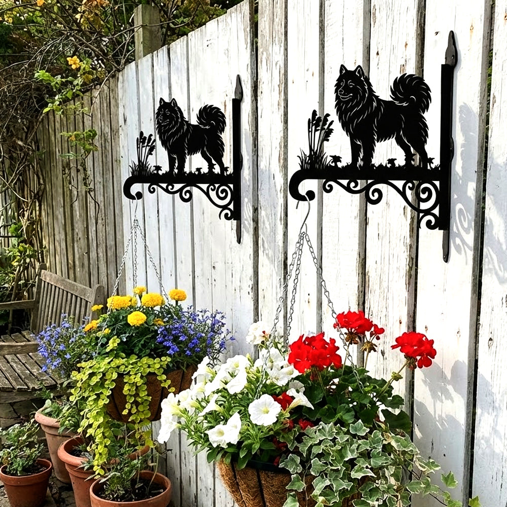 Samoyed metal hanging basket bracket mounted on outdoor wall for plant decoration
