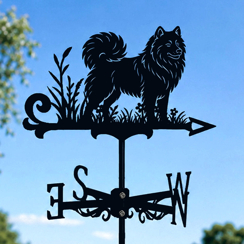 Samoyed metal weather vane with directional arrows and mounting rod, outdoor roof and garden decoration