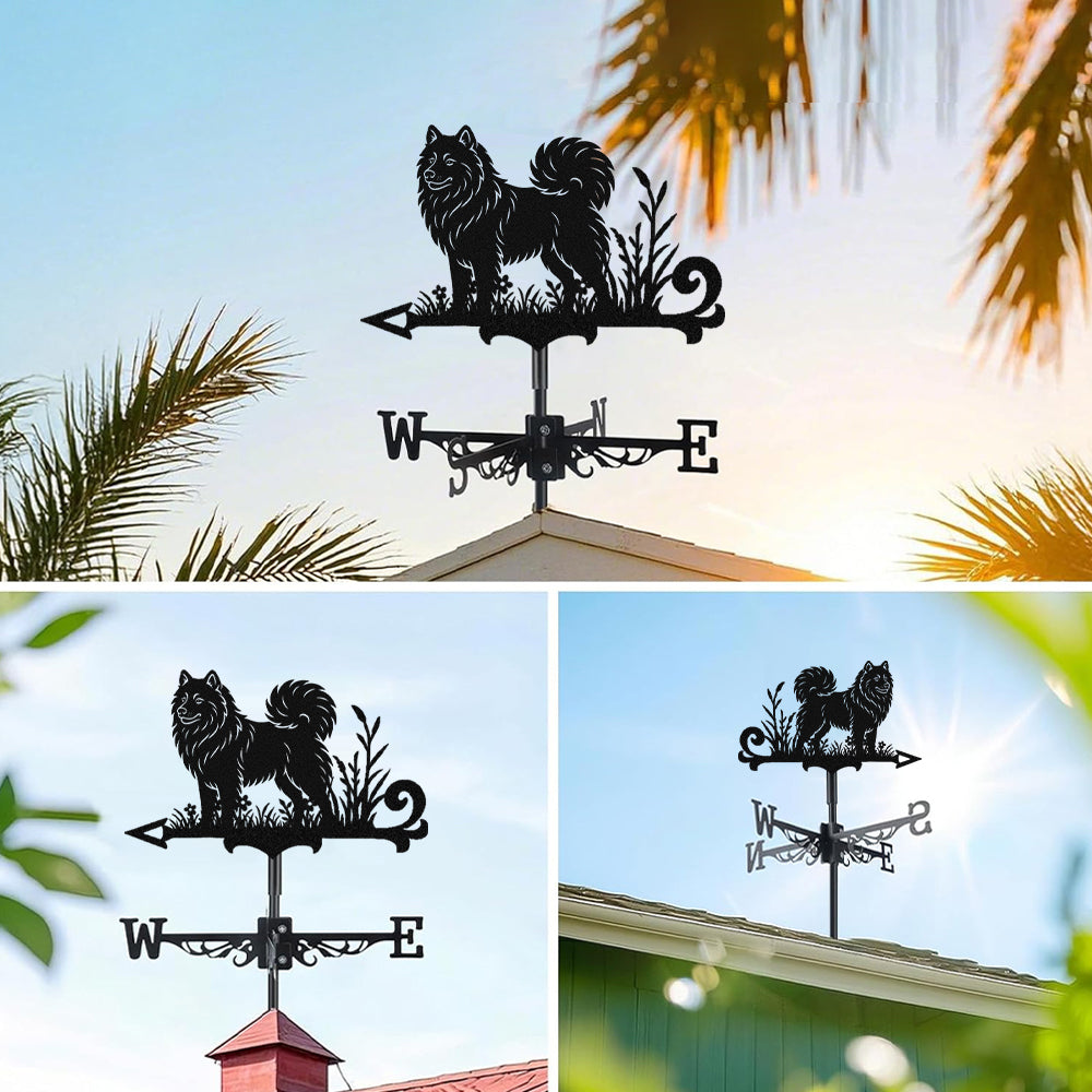 Samoyed metal weather vane with directional arrows and mounting rod, outdoor roof and garden decoration