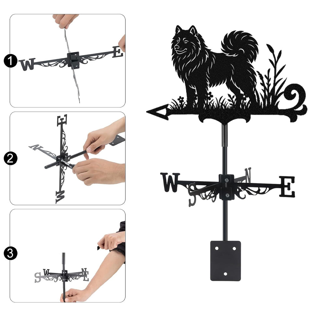 Samoyed metal weather vane with directional arrows and mounting rod, outdoor roof and garden decoration