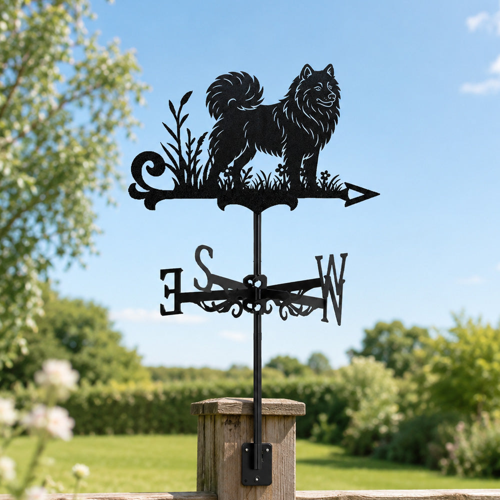 Samoyed metal weather vane with directional arrows and mounting rod, outdoor roof and garden decoration