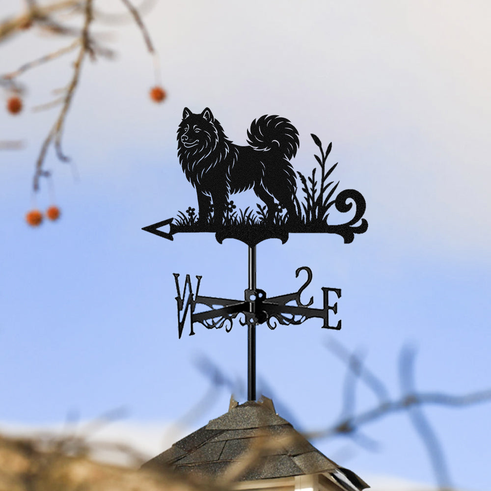 Samoyed metal weather vane with directional arrows and mounting rod, outdoor roof and garden decoration
