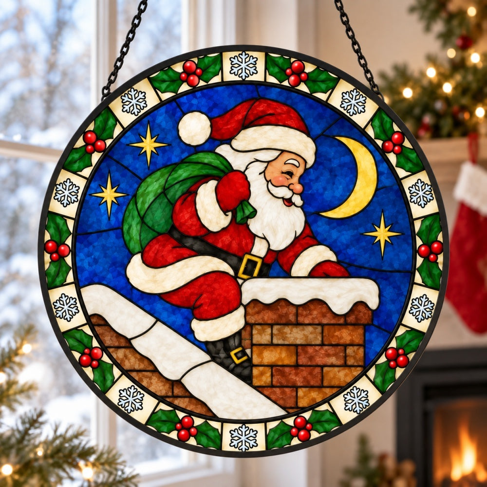 Santa claus at the chimney stained glass suncatcher window hanging, suitable for home and garden decoration