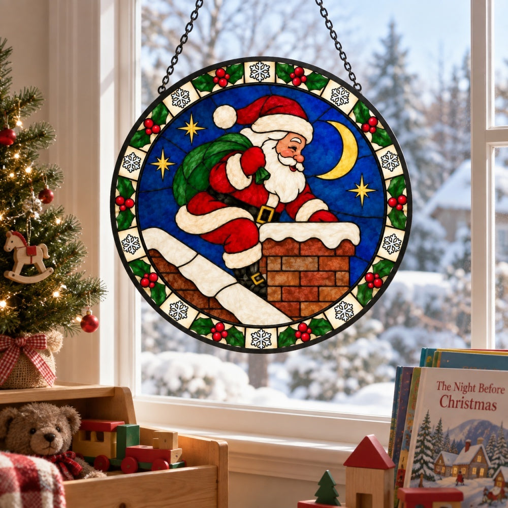 Santa claus at the chimney stained glass suncatcher window hanging, suitable for home and garden decoration