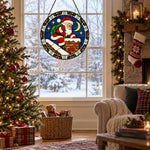 Santa claus at the chimney stained glass suncatcher window hanging, suitable for home and garden decoration