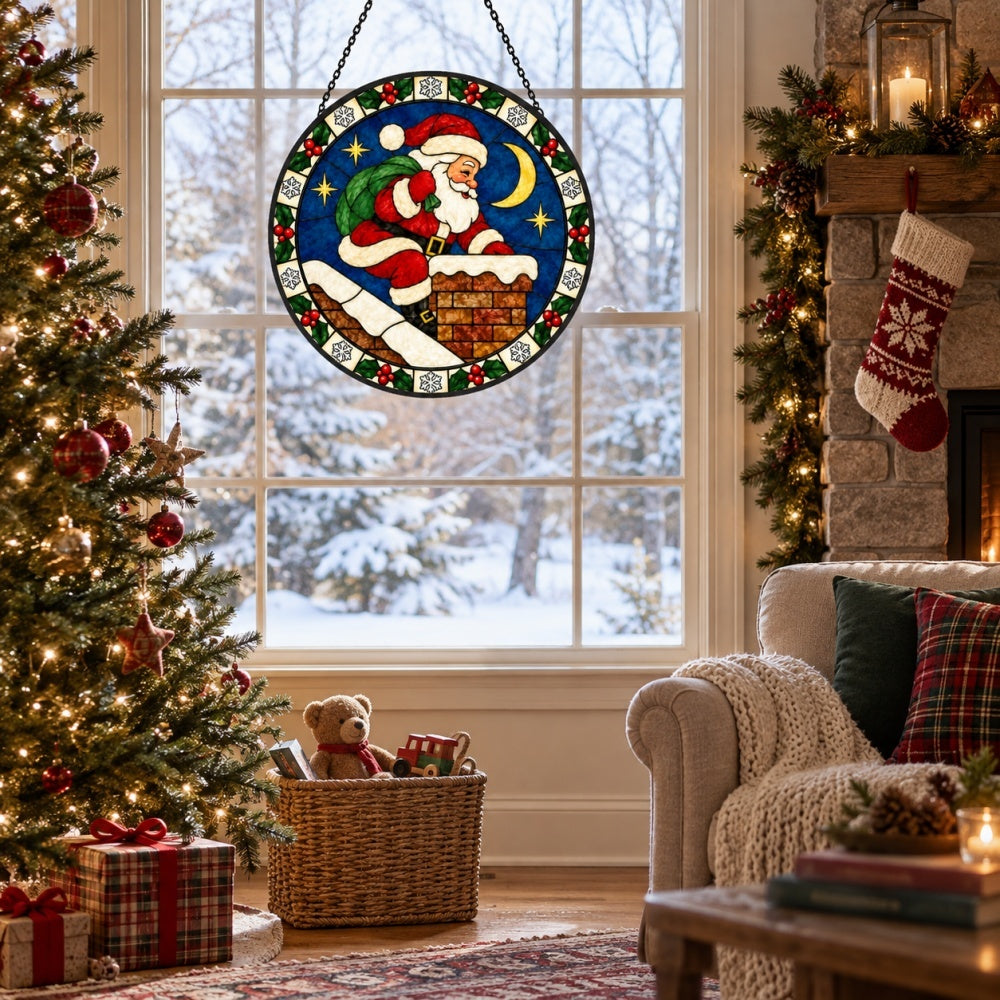 Santa claus at the chimney stained glass suncatcher window hanging, suitable for home and garden decoration