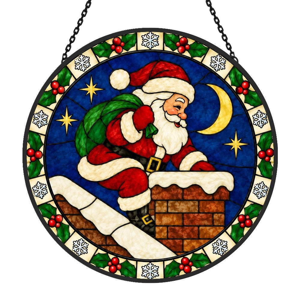 Santa claus at the chimney stained glass suncatcher window hanging, suitable for home and garden decoration