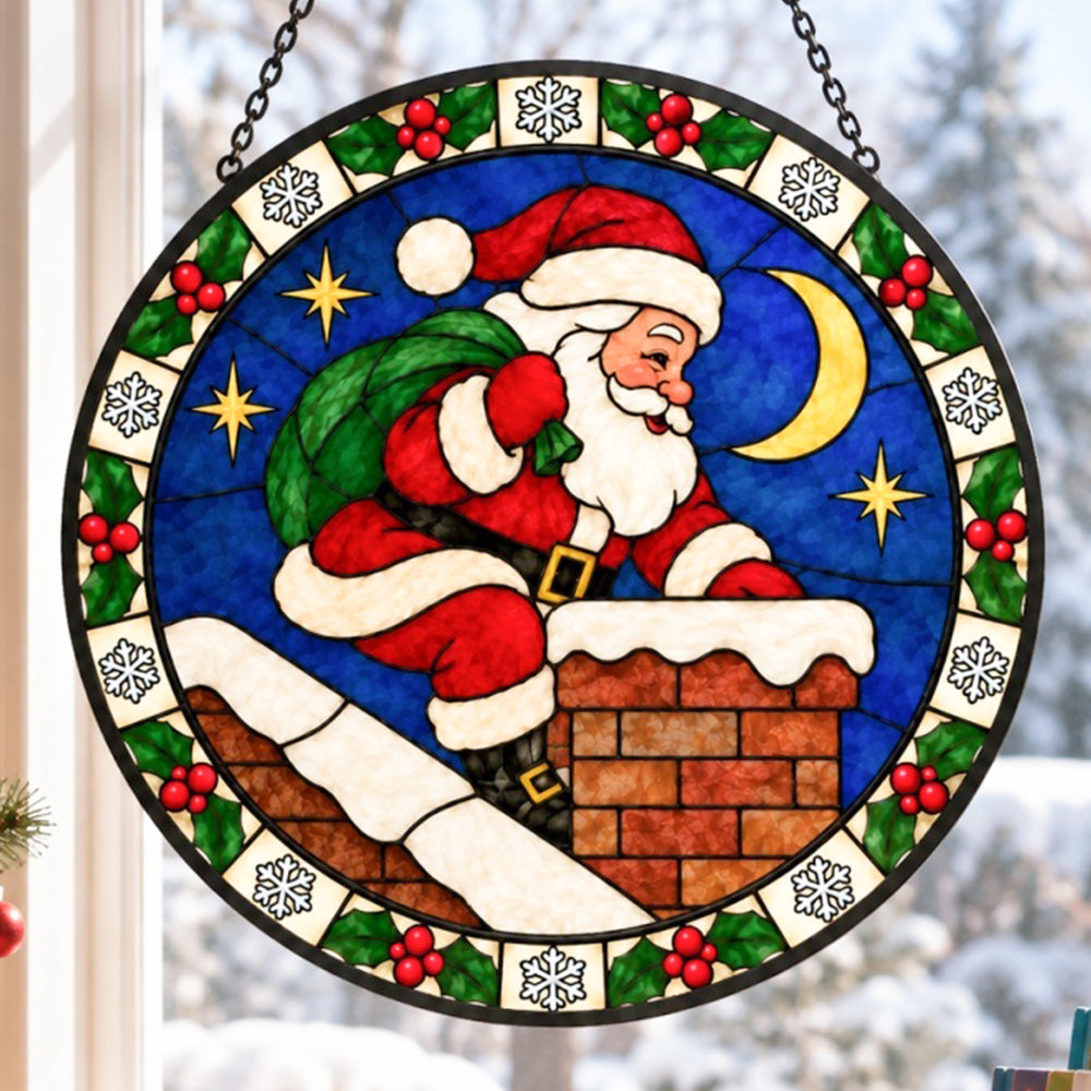 Santa claus at the chimney stained glass suncatcher window hanging, suitable for home and garden decoration