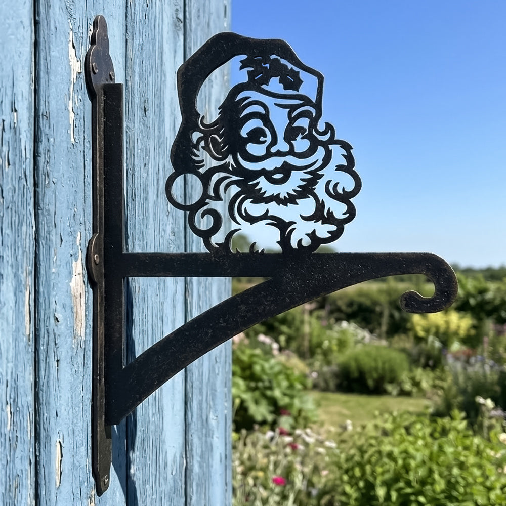 Santa claus metal hanging basket bracket mounted on outdoor wall for plant decoration