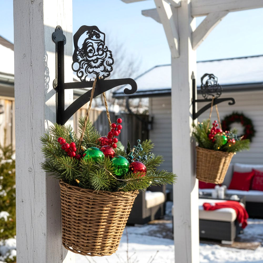 Santa claus metal hanging basket bracket mounted on outdoor wall for plant decoration