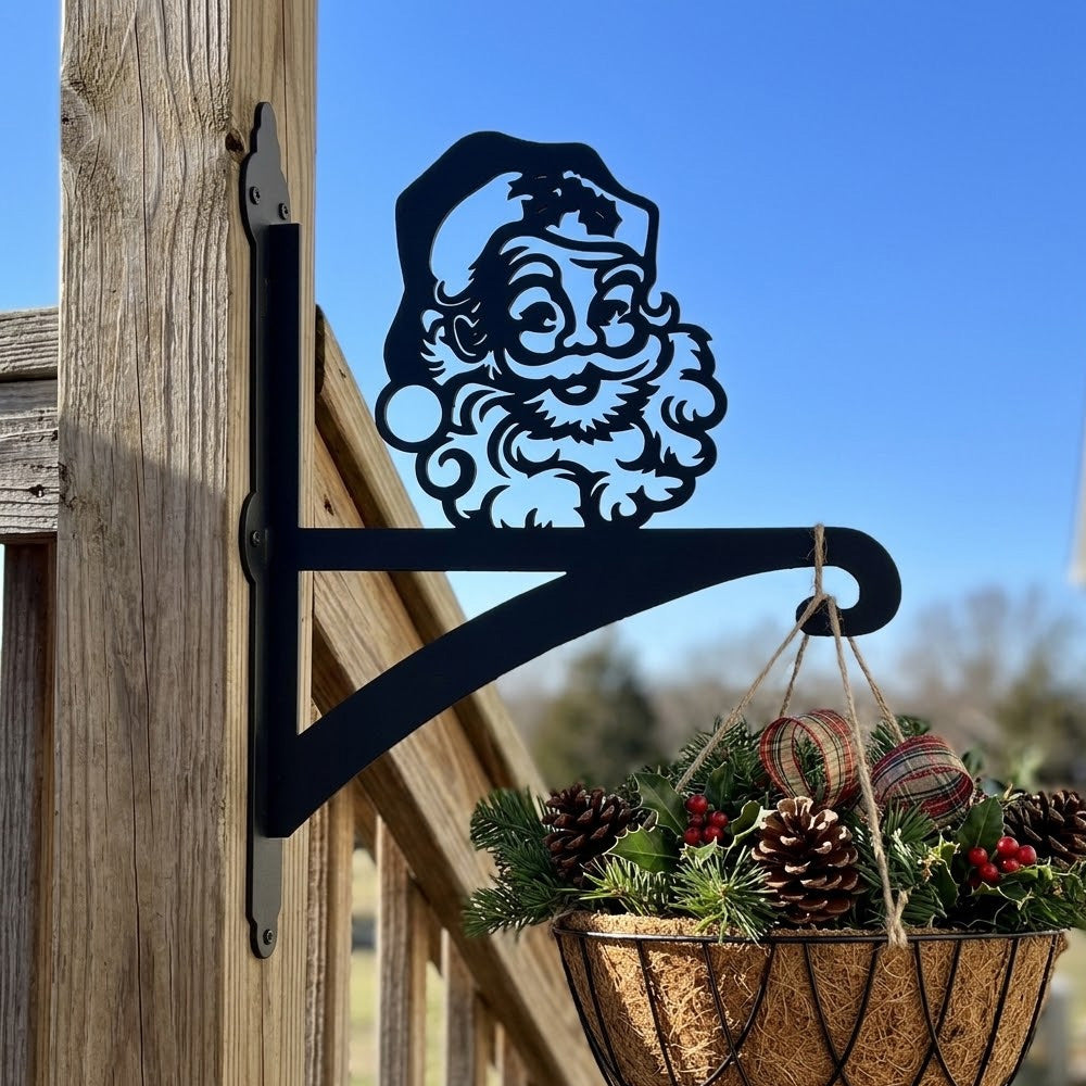 Santa claus metal hanging basket bracket mounted on outdoor wall for plant decoration