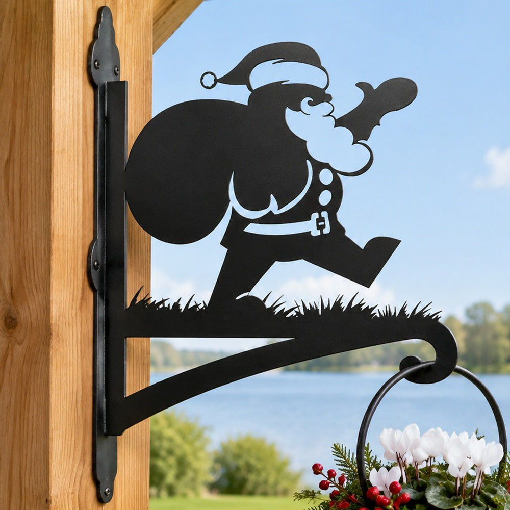 Santa claus metal hanging basket bracket mounted on outdoor wall for plant decoration