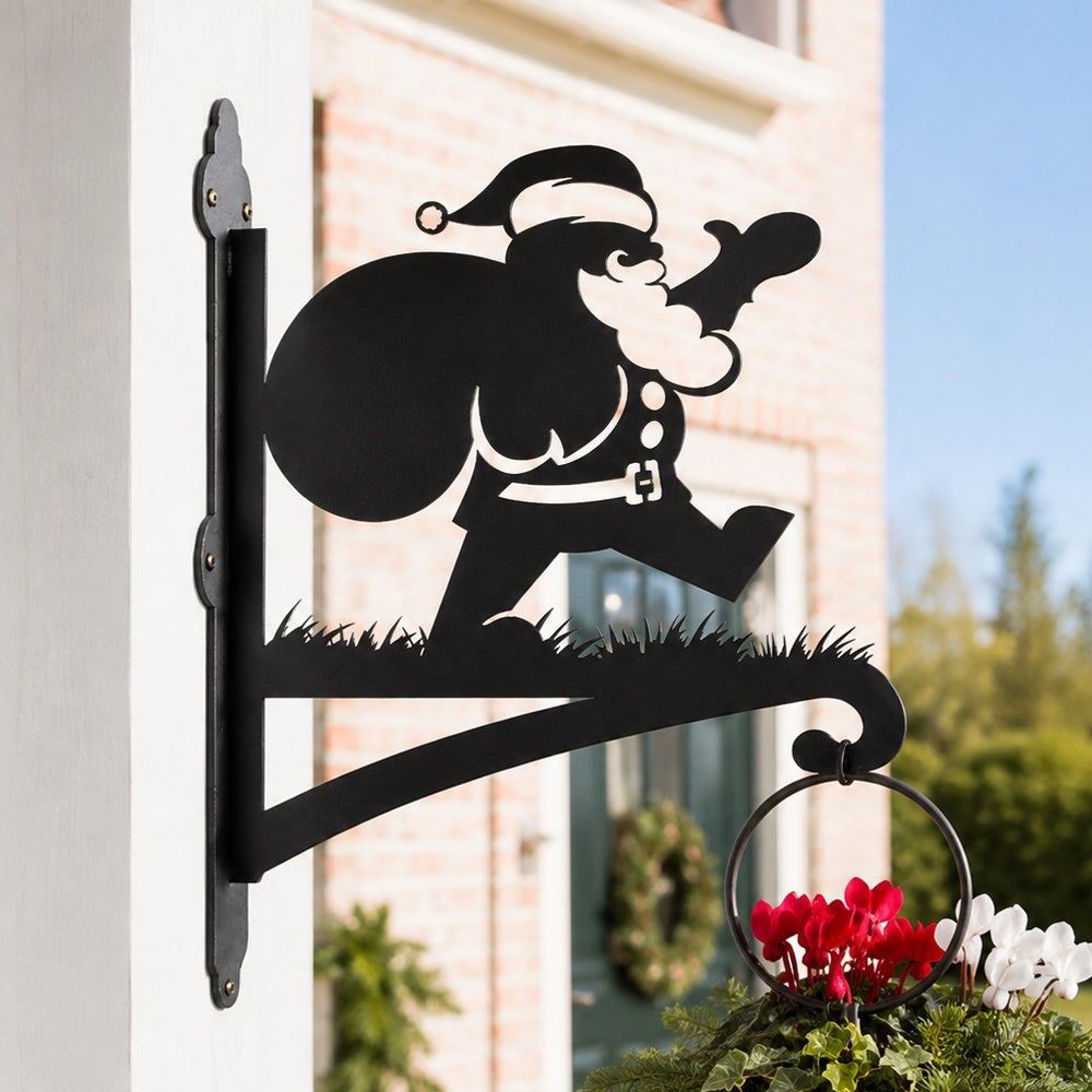 Santa claus metal hanging basket bracket mounted on outdoor wall for plant decoration