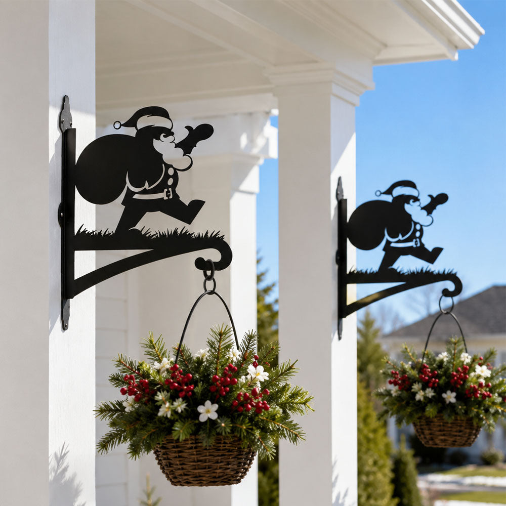Santa claus metal hanging basket bracket mounted on outdoor wall for plant decoration