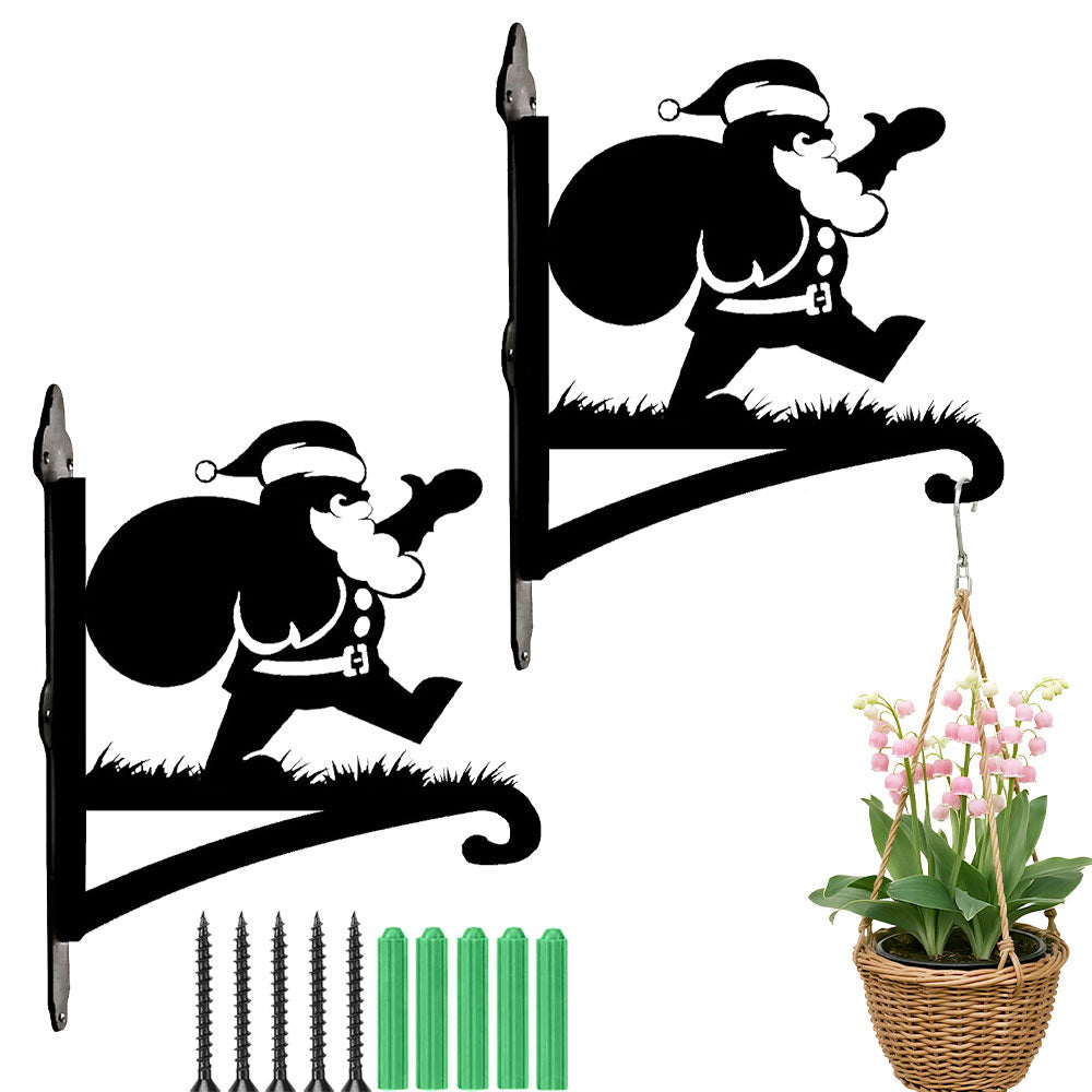 Santa claus metal hanging basket bracket mounted on outdoor wall for plant decoration