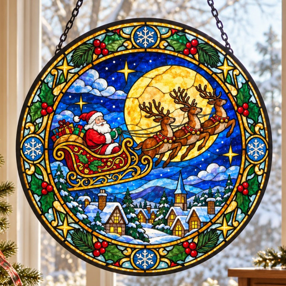 Santa claus sleigh ride stained glass suncatcher window hanging, suitable for home and garden decoration