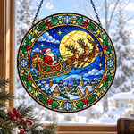 Santa claus sleigh ride stained glass suncatcher window hanging, suitable for home and garden decoration