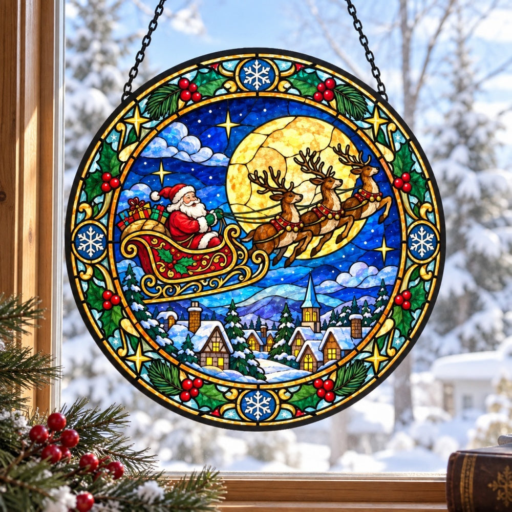 Santa claus sleigh ride stained glass suncatcher window hanging, suitable for home and garden decoration