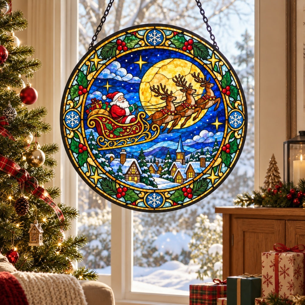 Santa claus sleigh ride stained glass suncatcher window hanging, suitable for home and garden decoration