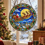 Santa claus sleigh ride stained glass suncatcher window hanging, suitable for home and garden decoration