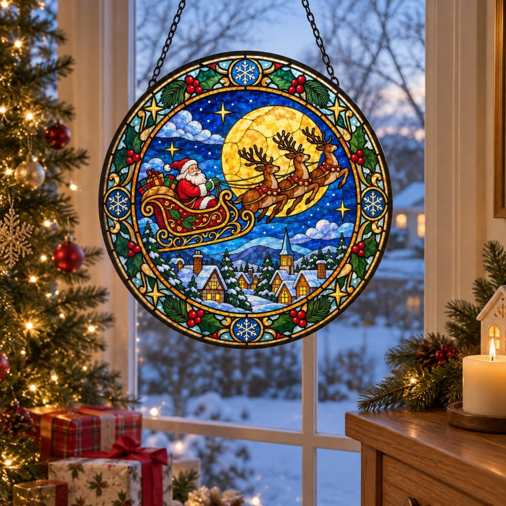 Santa claus sleigh ride stained glass suncatcher window hanging, suitable for home and garden decoration