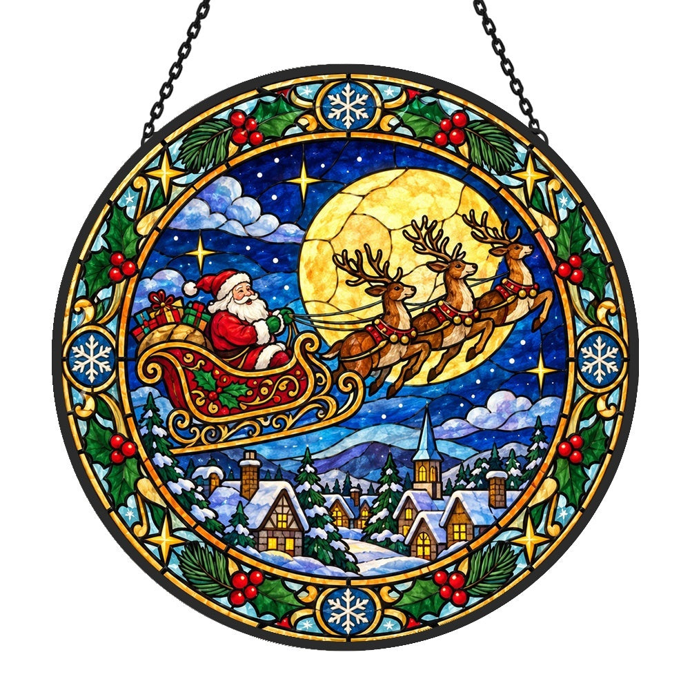 Santa claus sleigh ride stained glass suncatcher window hanging, suitable for home and garden decoration