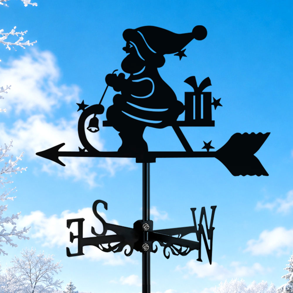 Santa rocking horse metal weather vane with directional arrows and mounting rod, outdoor roof and garden decoration