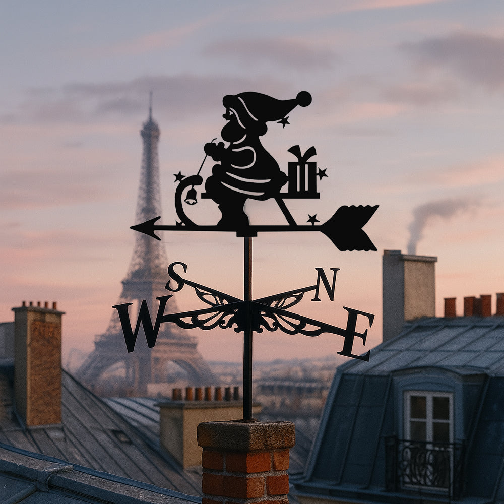 Santa rocking horse metal weather vane with directional arrows and mounting rod, outdoor roof and garden decoration
