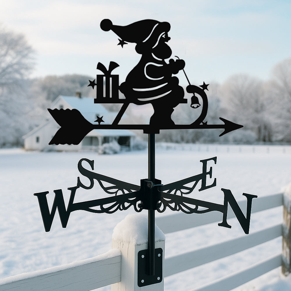 Santa rocking horse metal weather vane with directional arrows and mounting rod, outdoor roof and garden decoration