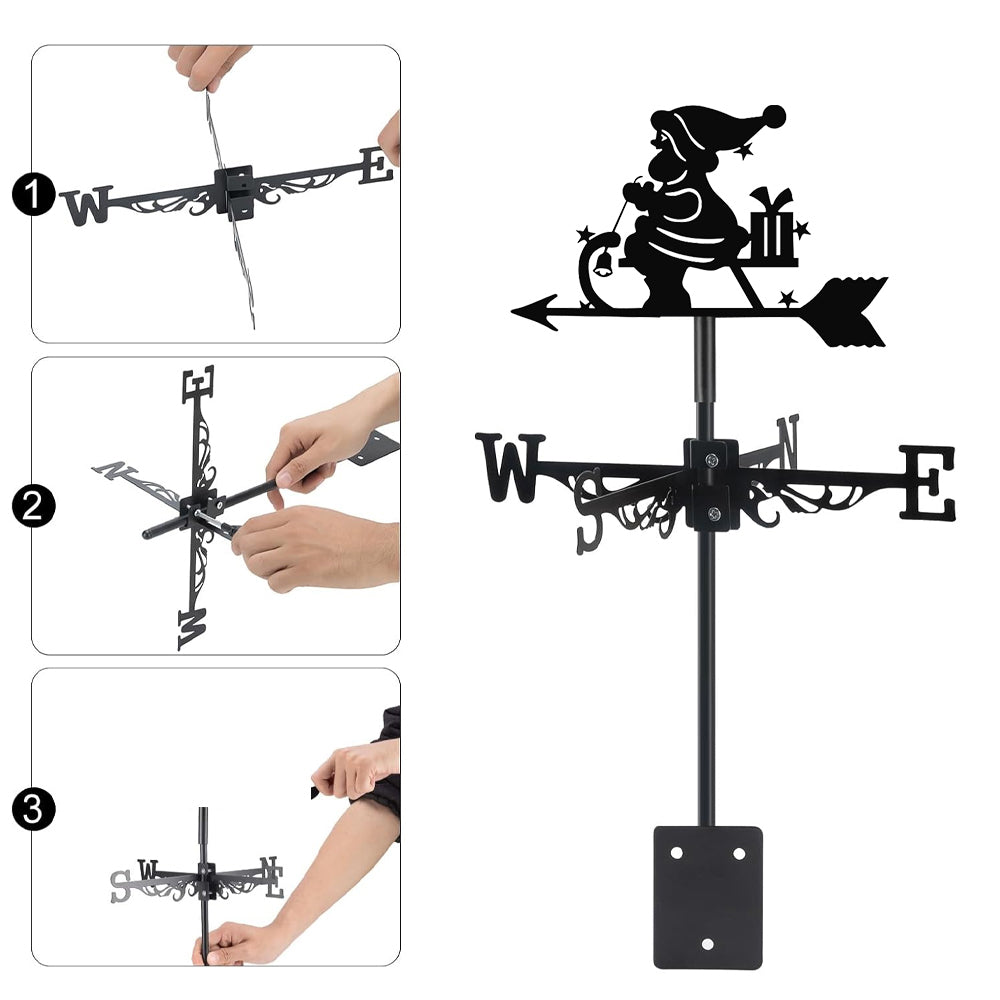 Santa rocking horse metal weather vane with directional arrows and mounting rod, outdoor roof and garden decoration