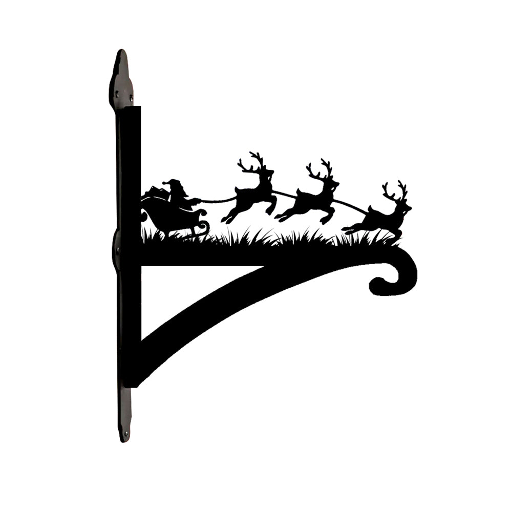Santa sleigh and reindeer metal hanging basket bracket mounted on outdoor wall for plant decoration