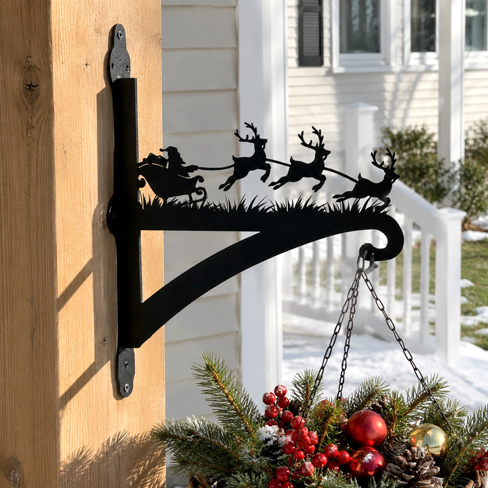 Santa sleigh and reindeer metal hanging basket bracket mounted on outdoor wall for plant decoration
