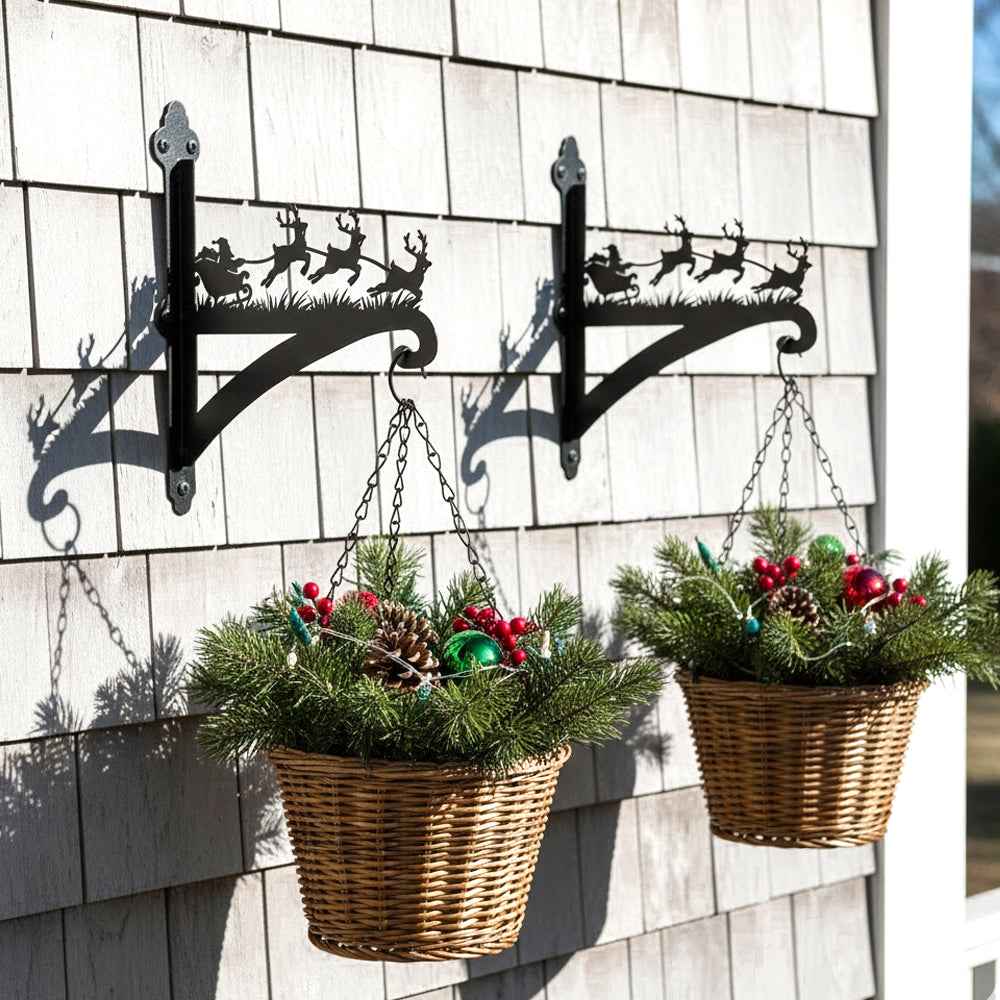 Santa sleigh and reindeer metal hanging basket bracket mounted on outdoor wall for plant decoration