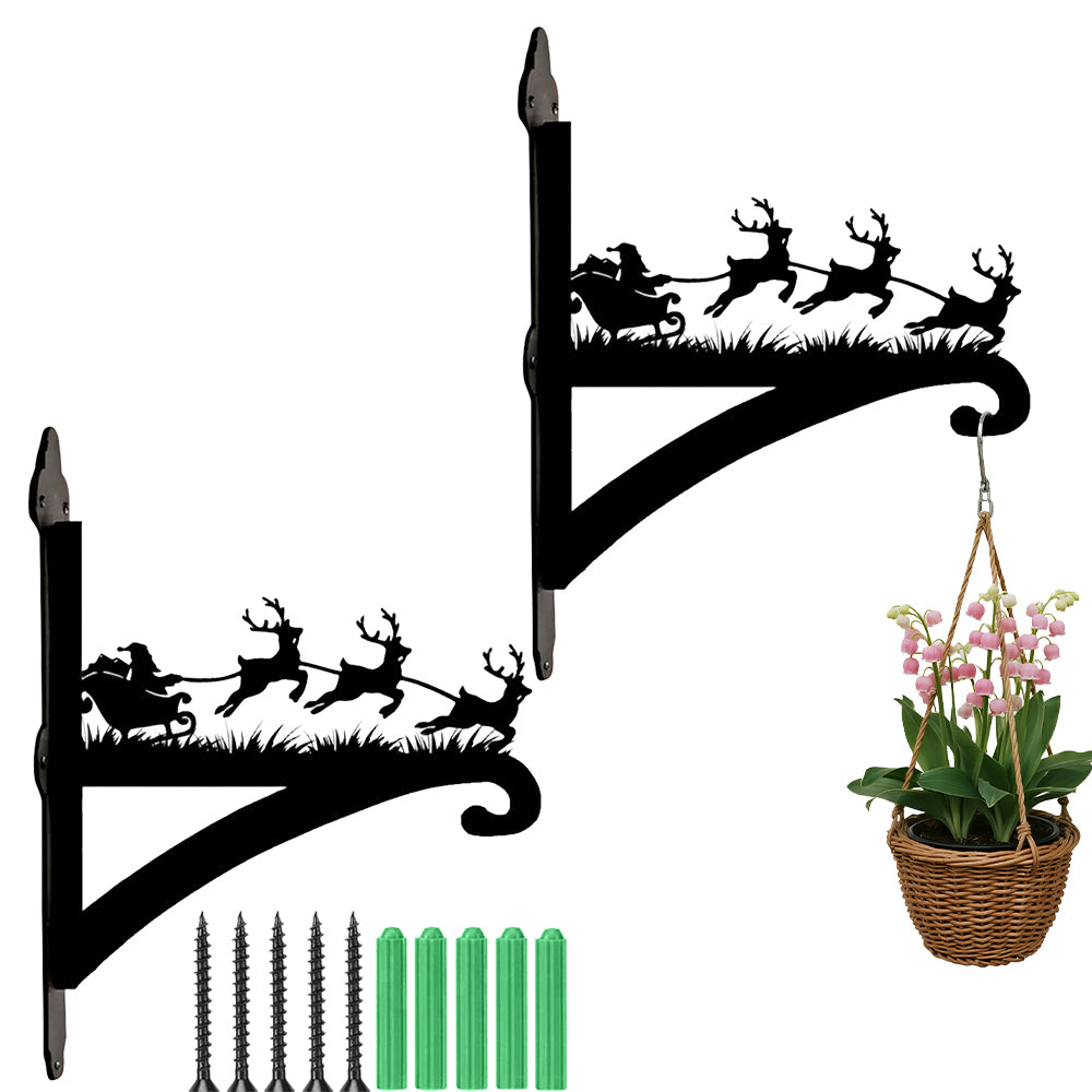 Santa sleigh and reindeer metal hanging basket bracket mounted on outdoor wall for plant decoration