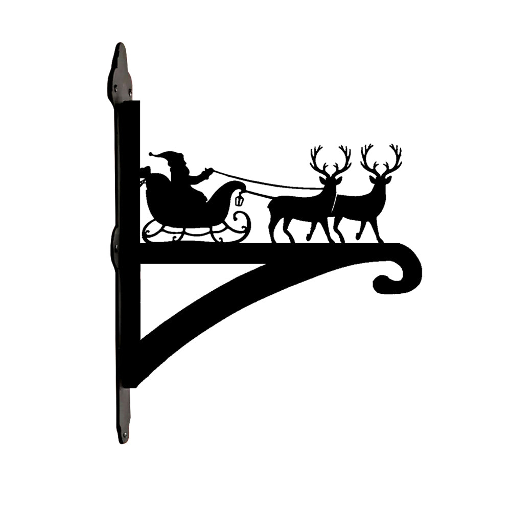 Santa sleigh and reindeer metal hanging basket bracket mounted on outdoor wall for plant decoration