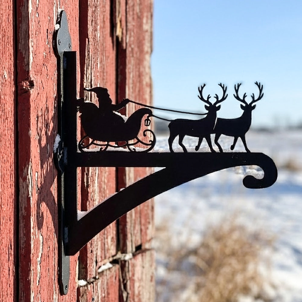 Santa sleigh and reindeer metal hanging basket bracket mounted on outdoor wall for plant decoration