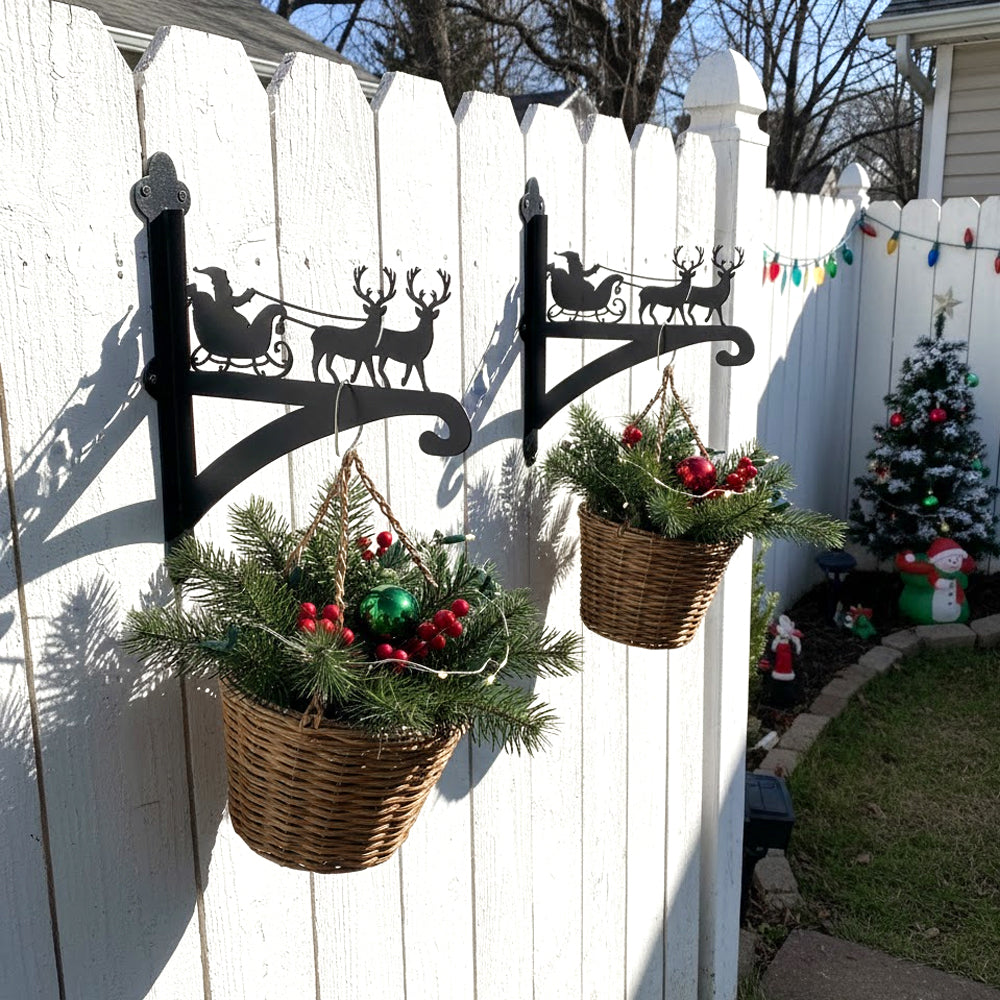 Santa sleigh and reindeer metal hanging basket bracket mounted on outdoor wall for plant decoration
