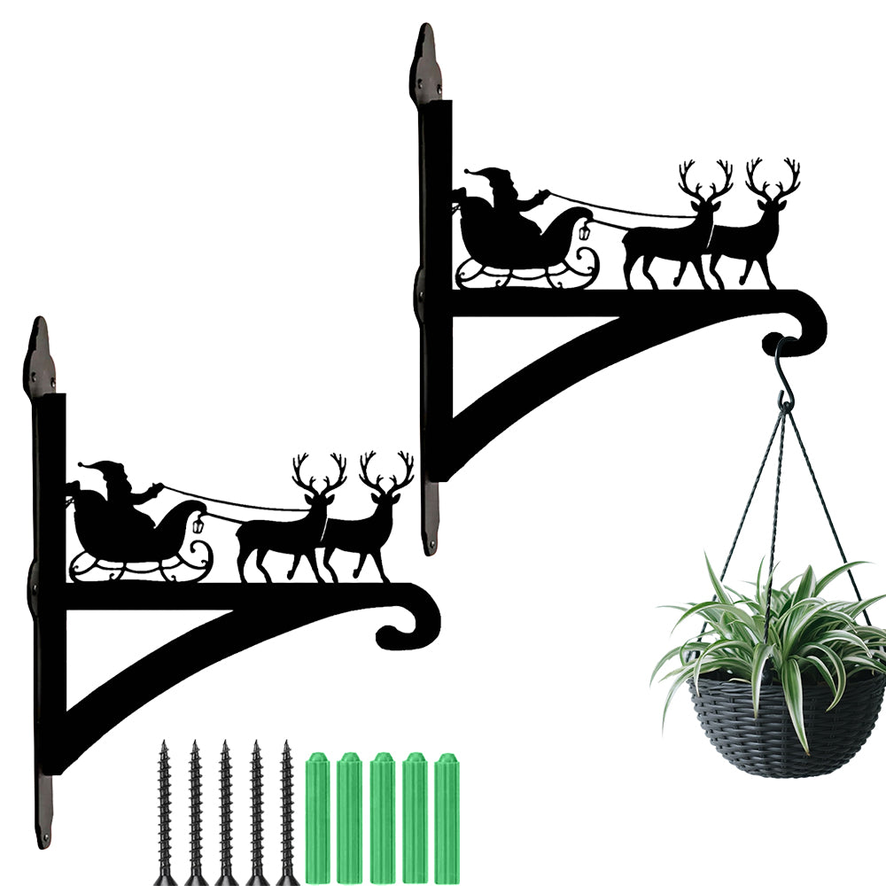 Santa sleigh and reindeer metal hanging basket bracket mounted on outdoor wall for plant decoration