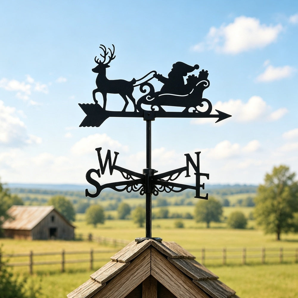 Santa sleigh reindeer metal weather vane with directional arrows and mounting rod, outdoor roof and garden decoration
