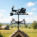 Santa sleigh reindeer metal weather vane with directional arrows and mounting rod, outdoor roof and garden decoration