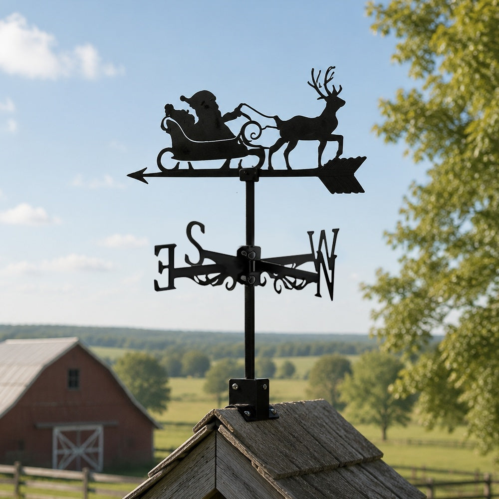 Santa sleigh reindeer metal weather vane with directional arrows and mounting rod, outdoor roof and garden decoration