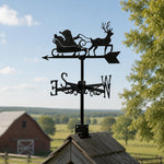 Santa sleigh reindeer metal weather vane with directional arrows and mounting rod, outdoor roof and garden decoration