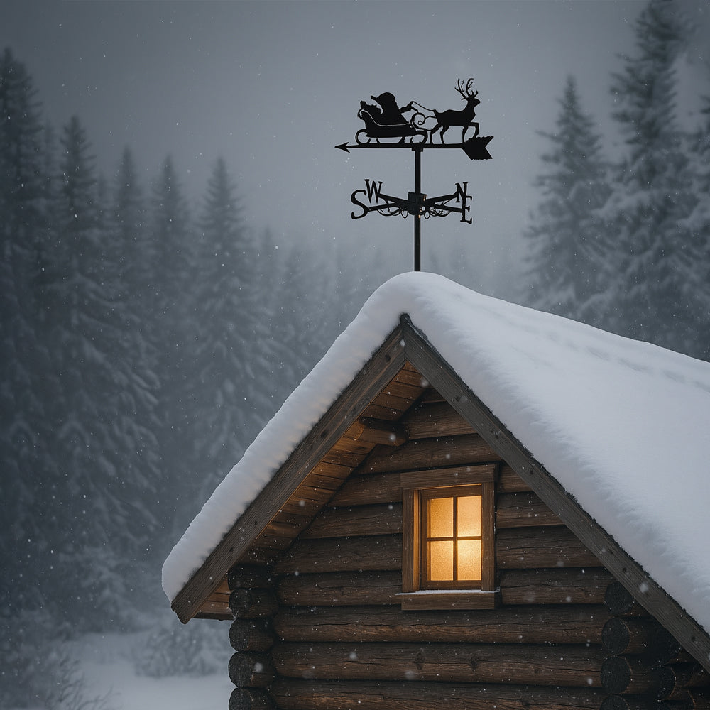 Santa sleigh reindeer metal weather vane with directional arrows and mounting rod, outdoor roof and garden decoration