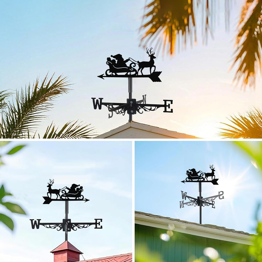 Santa sleigh reindeer metal weather vane with directional arrows and mounting rod, outdoor roof and garden decoration