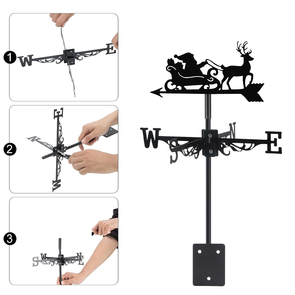 Santa sleigh reindeer metal weather vane with directional arrows and mounting rod, outdoor roof and garden decoration