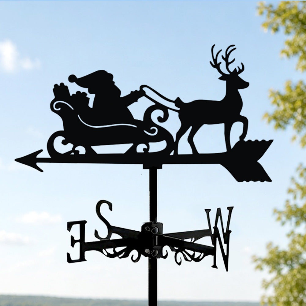 Santa sleigh reindeer metal weather vane with directional arrows and mounting rod, outdoor roof and garden decoration
