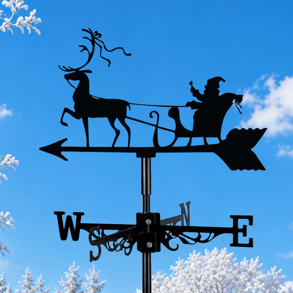 Santa sleigh reindeer metal weather vane with directional arrows and mounting rod, outdoor roof and garden decoration
